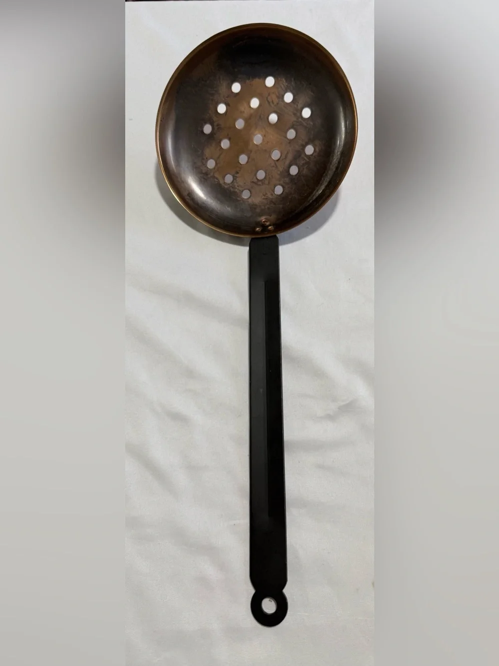 Copper Skimmer Spoon with Black Handle - 16 1/2” Long . Home Dining